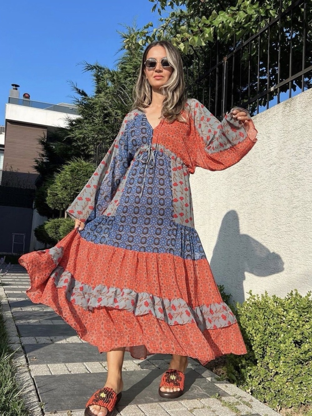 ZARA | Peasant Chiffon Blue & Orange Patchwork Tiered Maxi Dress Size L